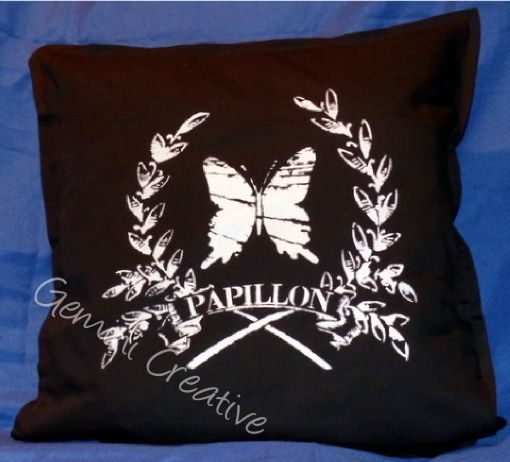 French sign stencilled cushion cover by Gemini Creative, Australian made furniture and craft stencils