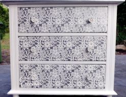 Stencilled drawers using a large lace stencil. Furniture stencils Australia.